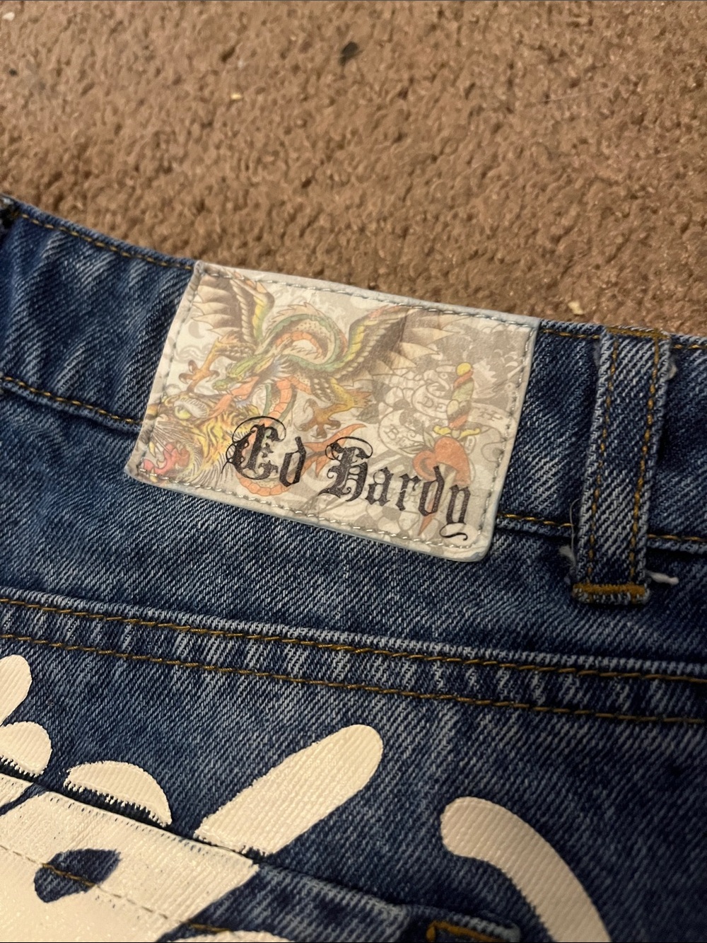 Ed Hardy Dark Blue Denim Logo Cutoff Shorts with Colorful Side Graphic - Picture 5 of 7